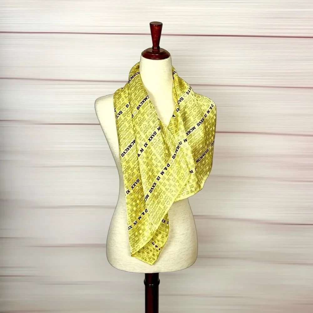 Yellow Silk Satin Scarf Roman Numerals and Initials Print Hand Rolled 34x34